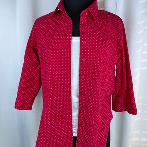 Le3no Red and White Mini Polka Dot Long Sleeve Button Down Women’s Shirt